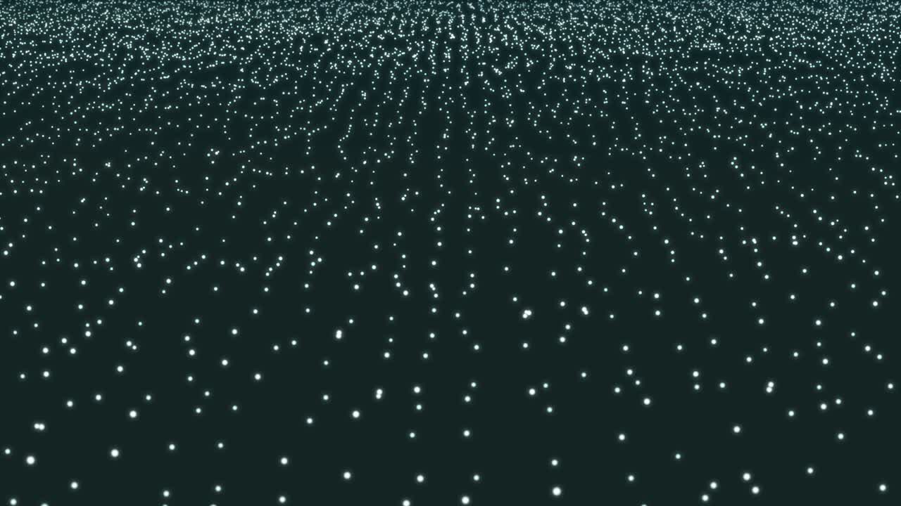 망 위에 미래의 춤을 추는 점, 4k 영상 애니메이션, 어두운 배경에 움직이는 불빛.