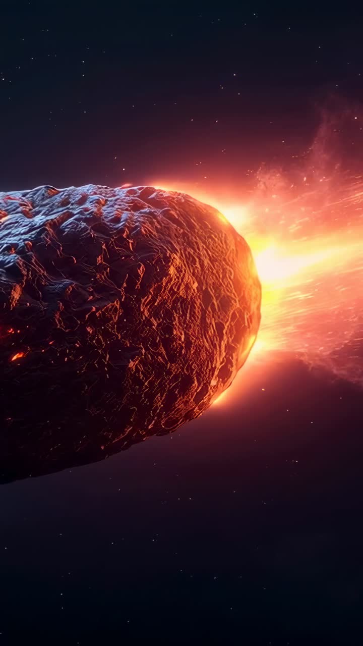 Video verticale: fianco destro che si incendia, asteroide che attraversa un campo stellare, emettendo plasma e incrinature
