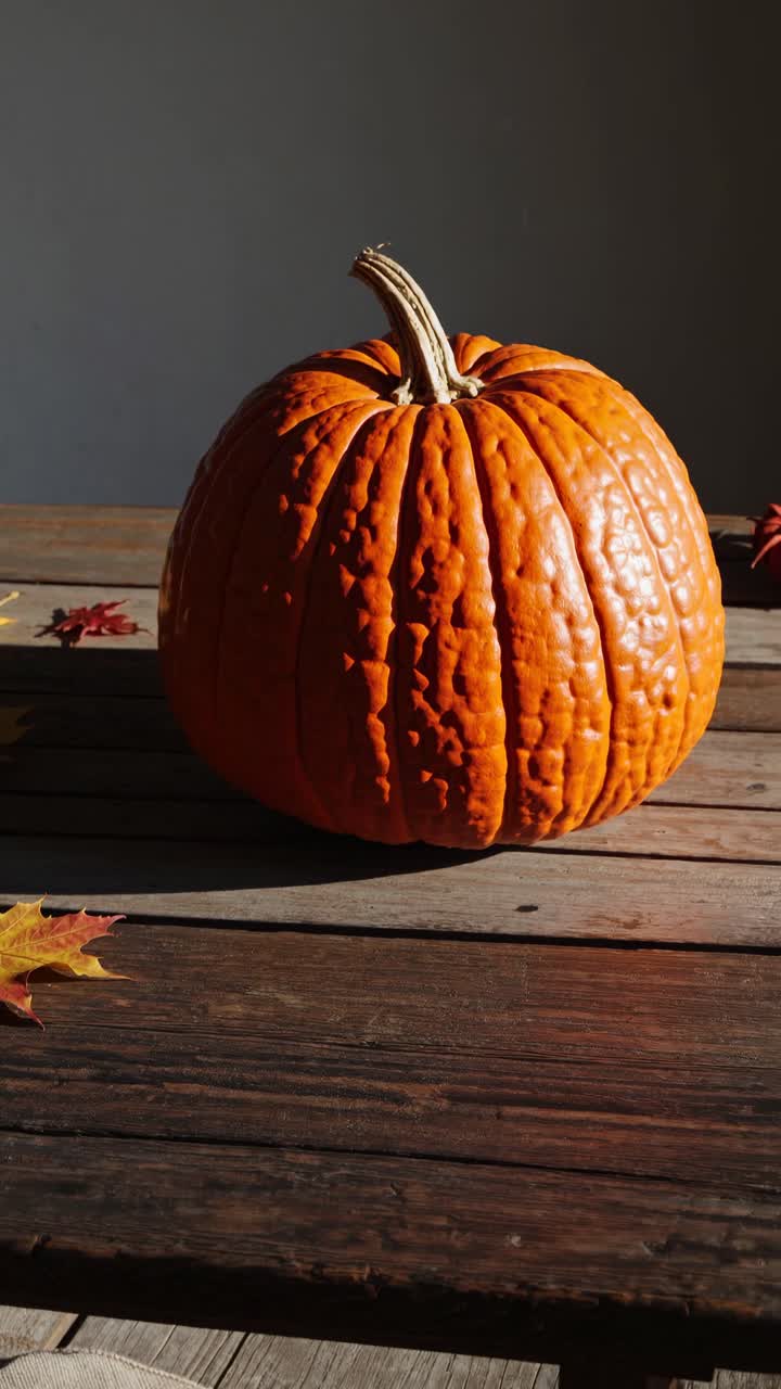 A rustic video still of a pumpkin on a wooden table, captured from a low angle, highlighting texture