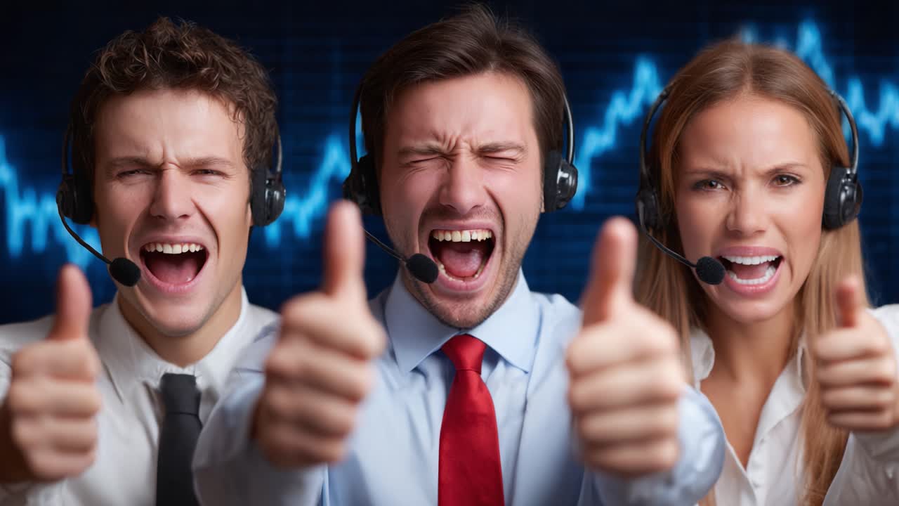 Three Enthusiastic Individuals Celebrating Success with Thumbs Up in a Dynamic Call Center Environment Showcasing Positive Energy and Team Spirit