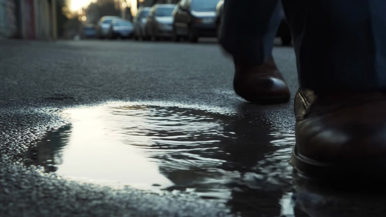 Close view shows lower legs moving beside wet asphalt, puddle mirror captures passing steps and nearby vehicles while muted daylight creates textured reflections across urban street surface.