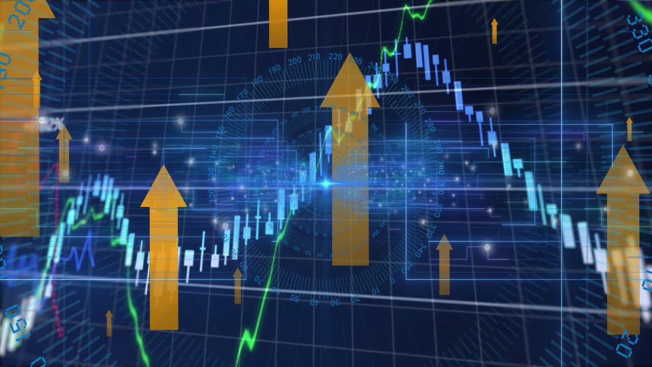 animación de iconos de flecha y procesamiento de datos financieros a través de escáneres redondos y senderos de luz.