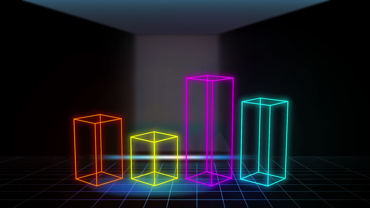Cubi futuristici con struttura a griglia neon in 3D che si ergono sopra lo skyline di una cupa città cyberpunk, a rappresentare la crescita digitale e il progresso tecnologico