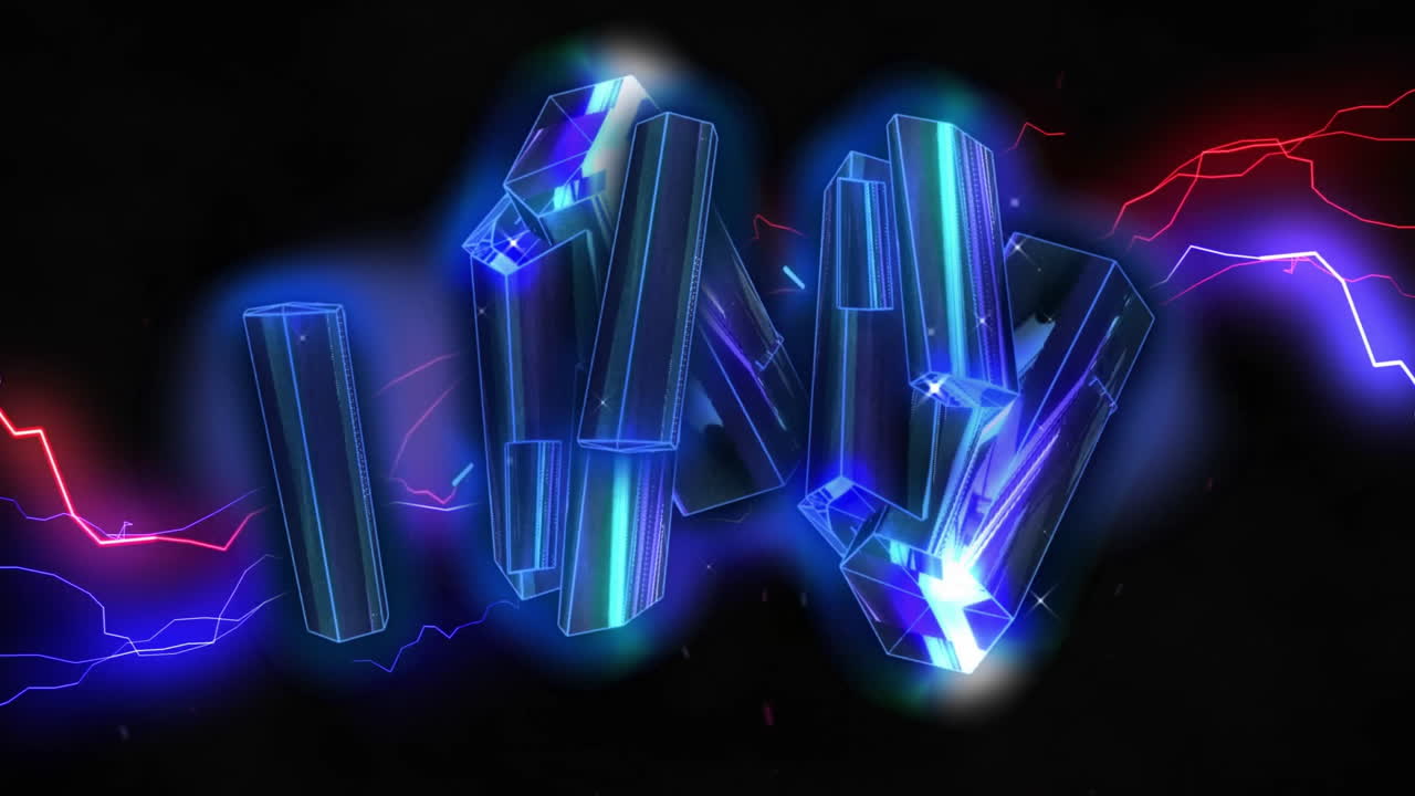 Glowing crystals and electric sparks animating over dark background