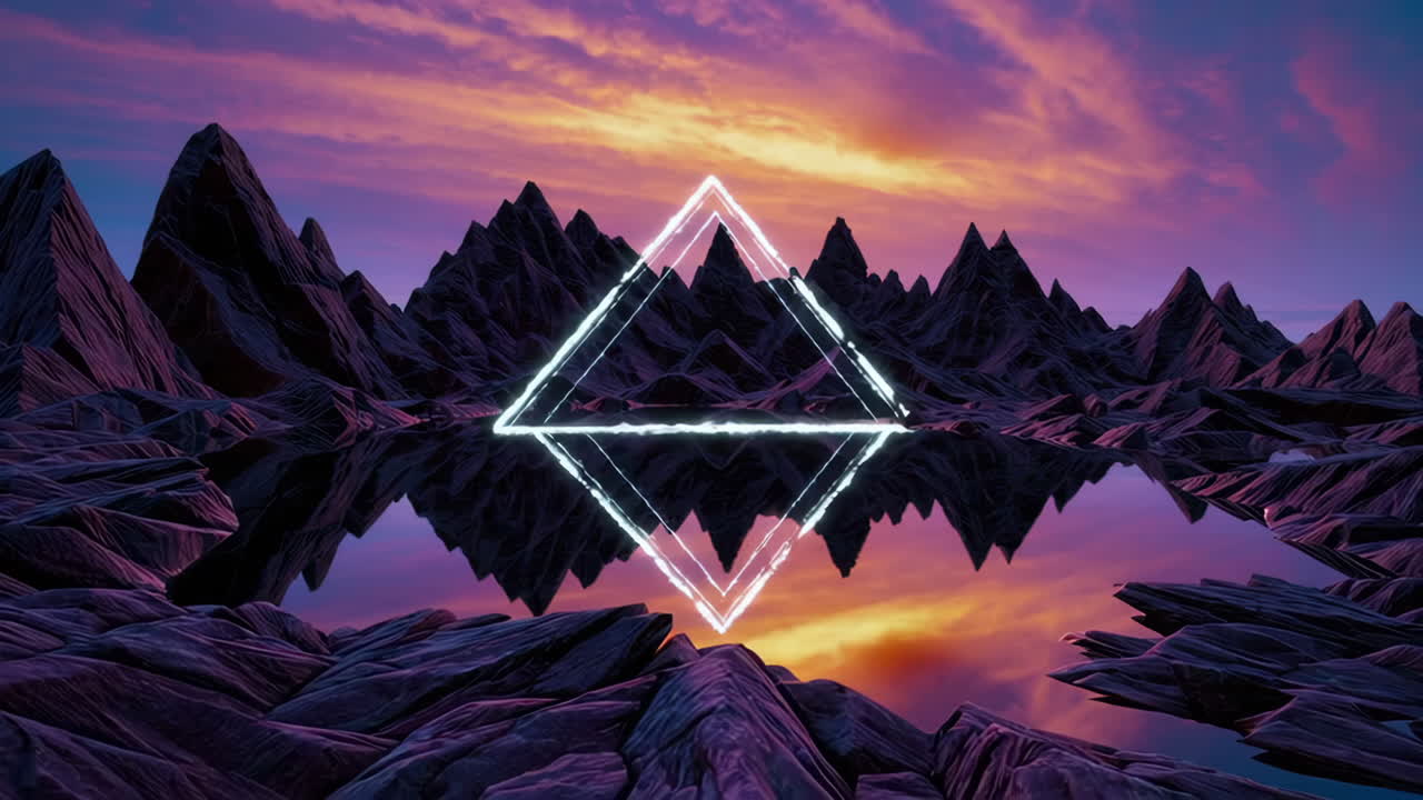 Neon Triangle Reflected in Water Amidst Mountain Landscape at Sunset