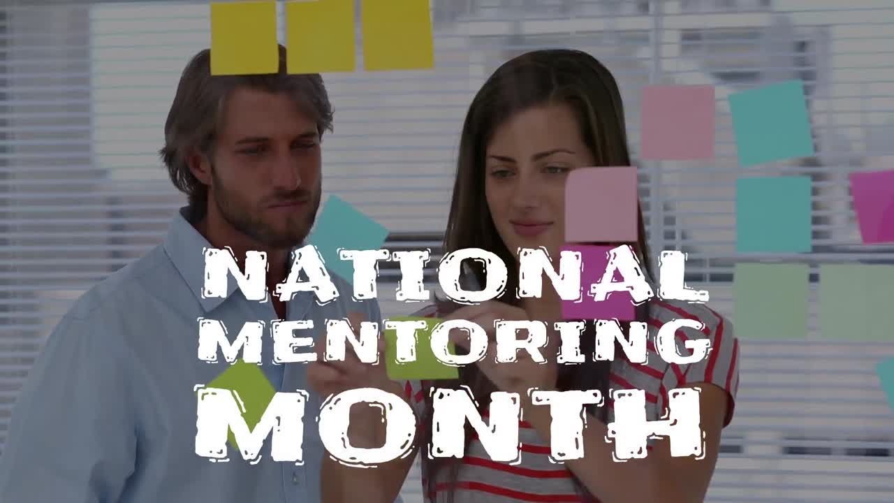 Animation af teksten 'National Mentormåned' over kaukasiske forretningsfolk, der tager noter.
