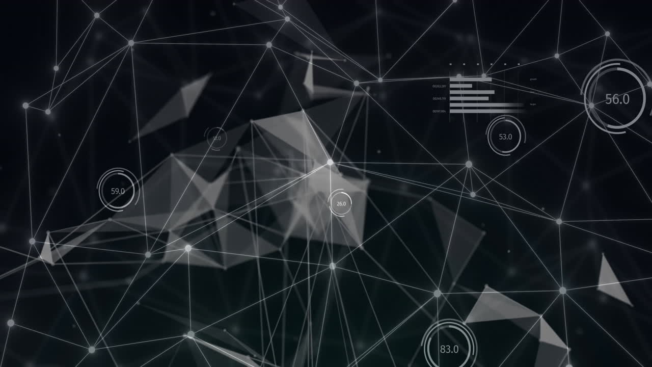 Animation of network of connections with data processing on black background