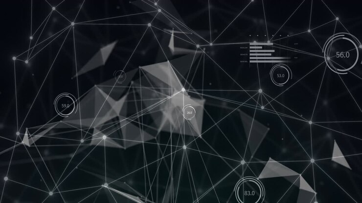 Animazione di rete di connessioni con elaborazione dati su sfondo nero.