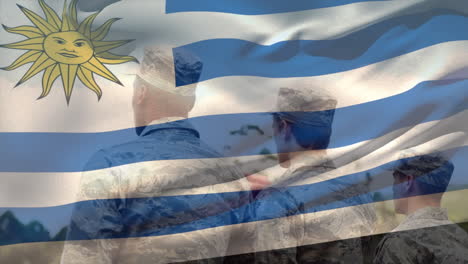 animación de la bandera de uruguay sobre varios soldados varones