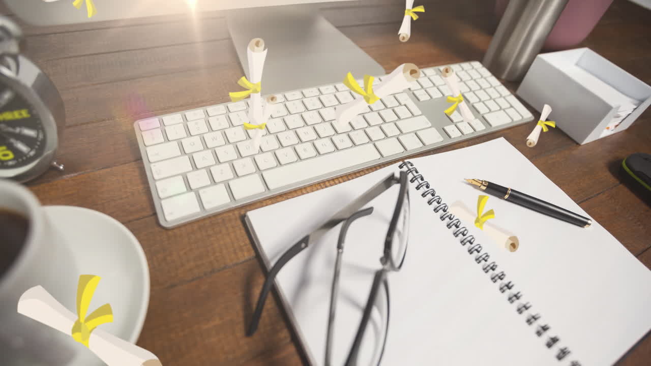 Graduation scrolls animation over office desk with keyboard, notebook, and glasses