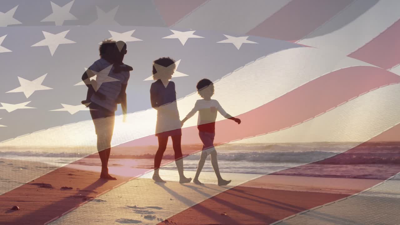 animación de la bandera de los estados unidos sobre una pareja afroamericana con un hijo y una hija en la playa