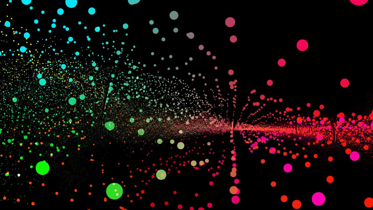 미래의 추상적인 무지개, 백만 개의 입자, 반이는 파동 형태, 차원, 진동, 시각화, 파동 기술, 디지털.