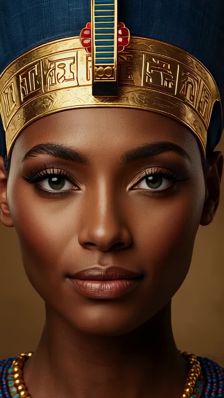 Vertical video: Model glancing left, right and back at midpoint in studio, with Egyptian headdress