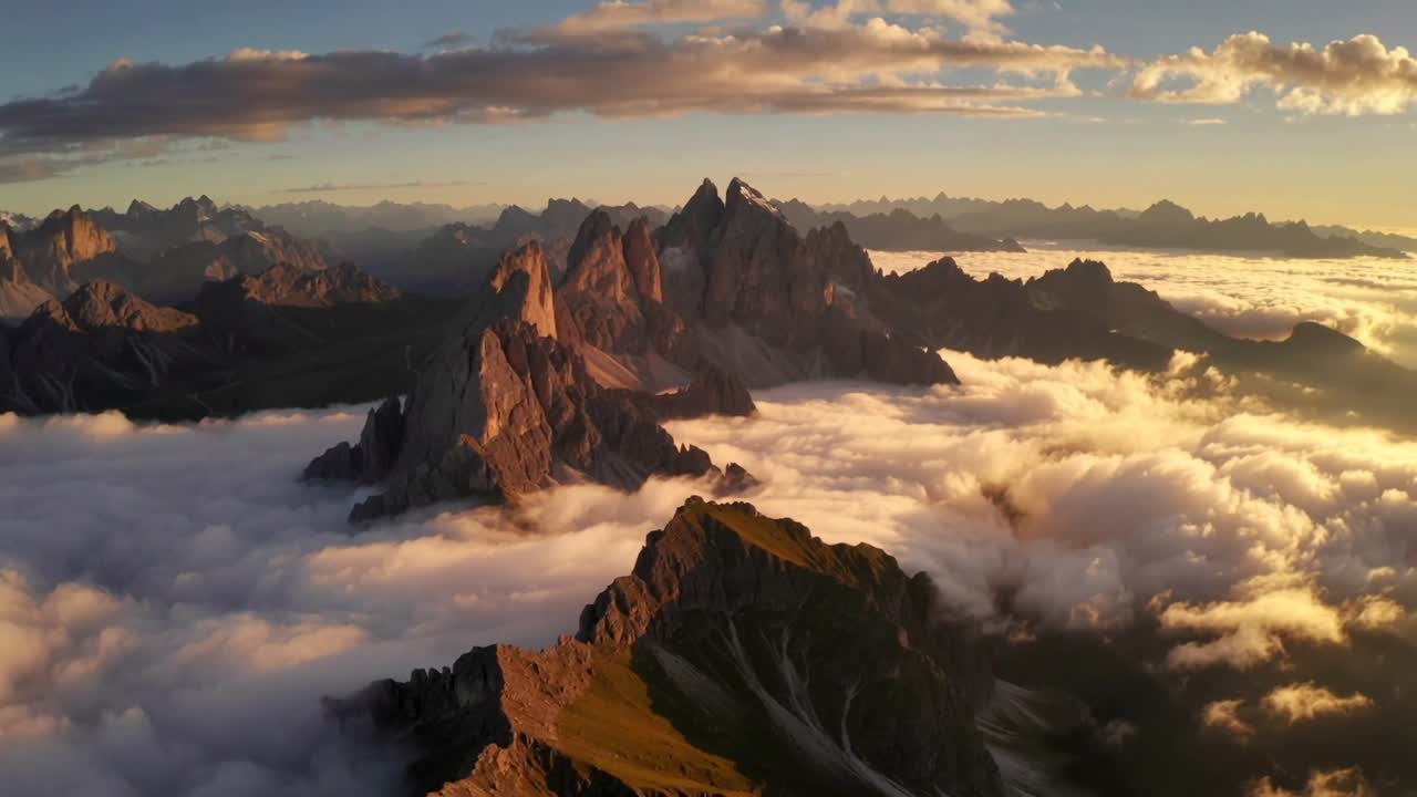 Dron deslizándose, macizo central escarpado revelando crestas iluminadas por el sol sobre inversión de nubes, viaje