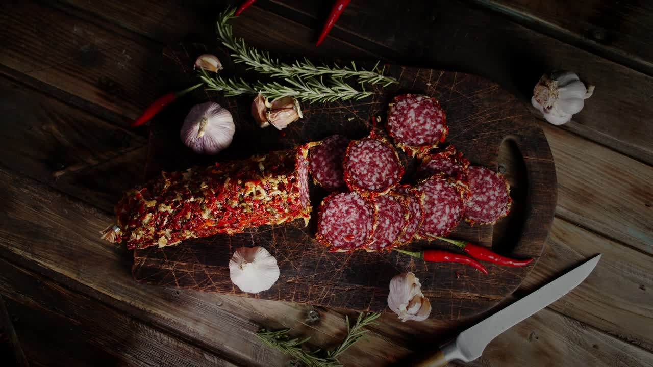 las rebanadas de salami con ajo y romero giran lentamente.