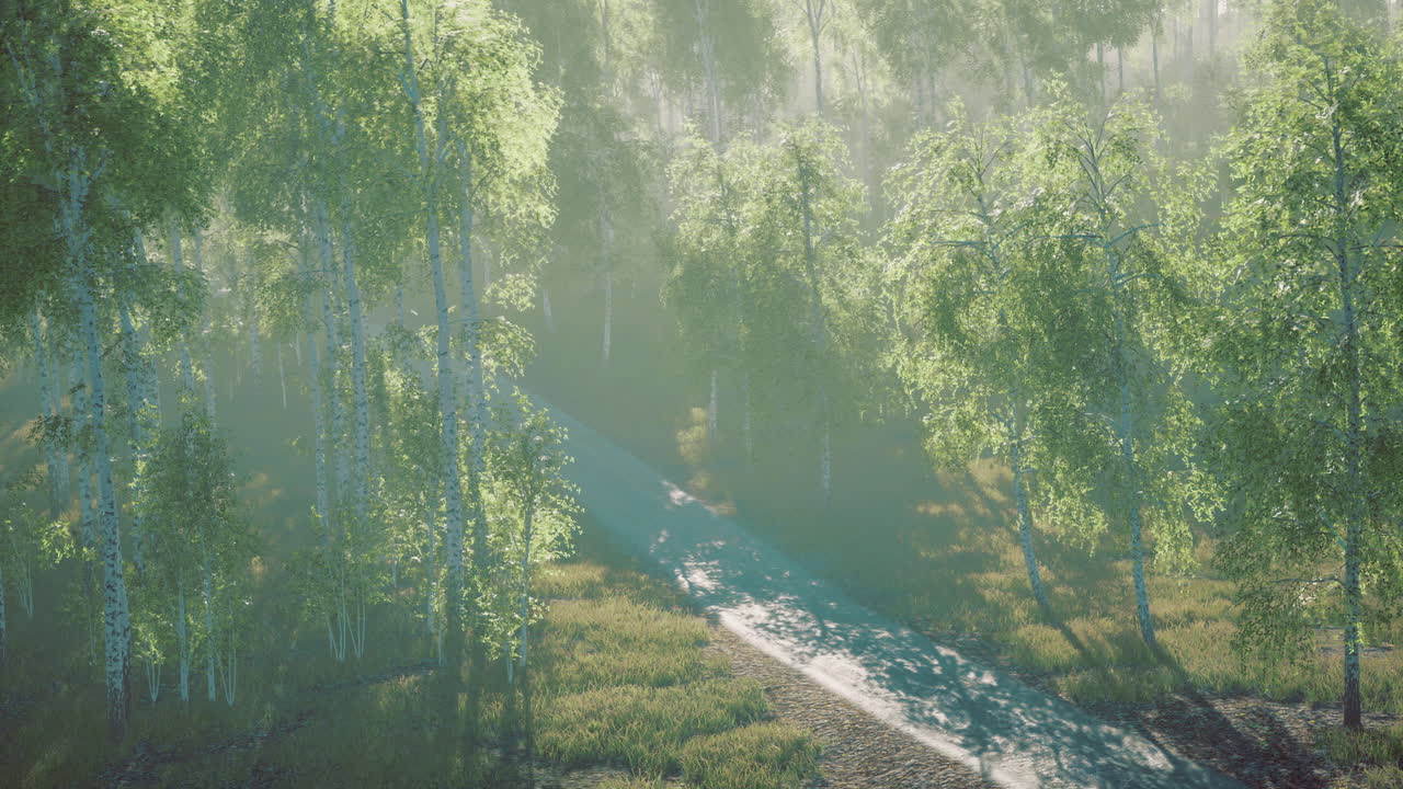 빛은 새벽에 조용한 숲길을 따라 나무를 통해 필터링