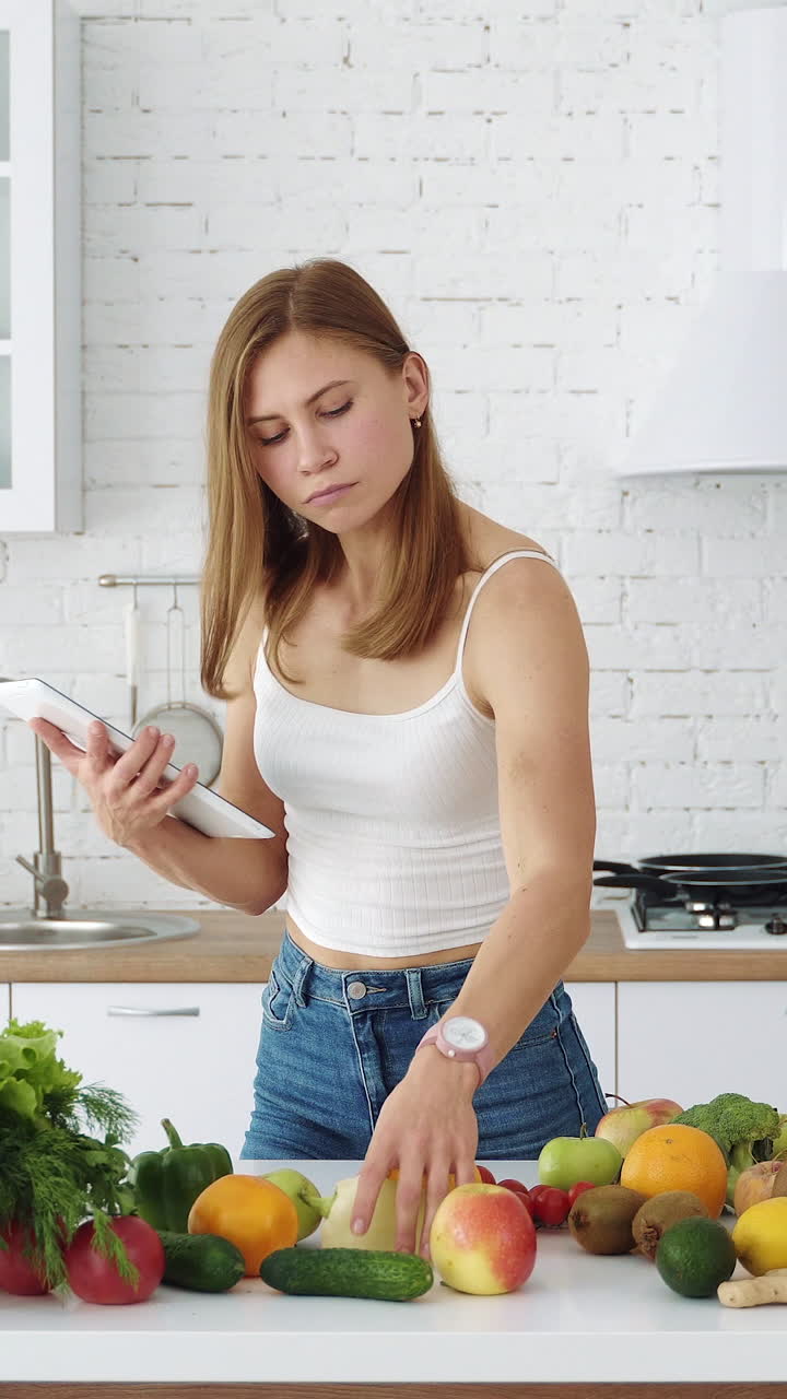 Young blogger woman preparing food, taking pictures on phone tablet for her social accounts or video stories. Weight loss and diet. Vertical video