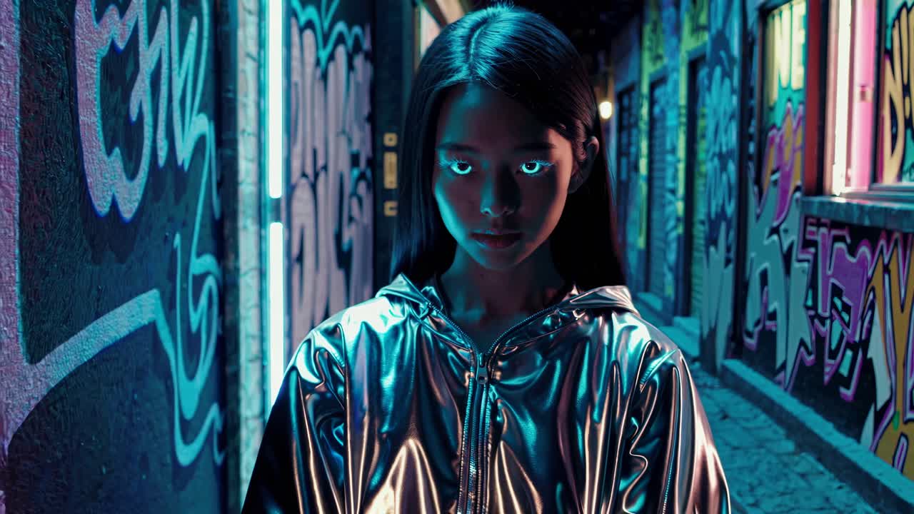 la chica cyberpunk en el callejón de los graffitis de neón