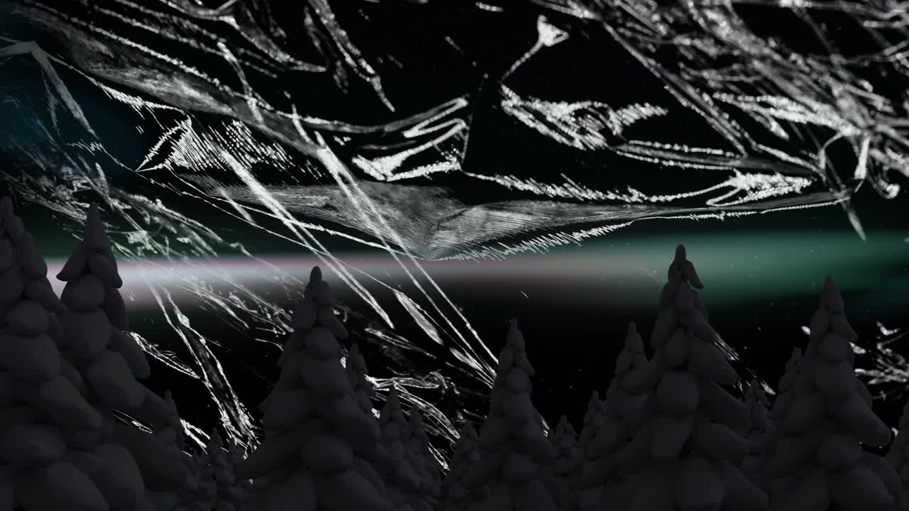 Snow-covered trees illuminated by abstract animation patterns in dark sky
