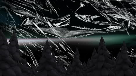 snow-covered trees illuminated by abstract animation patterns in dark sky