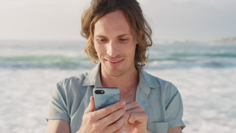 Man,-phone-and-beach-while-thinking-during-chat