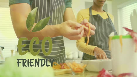 animation of eco friendly text over diverse couple preparing healthy meal in kitchen