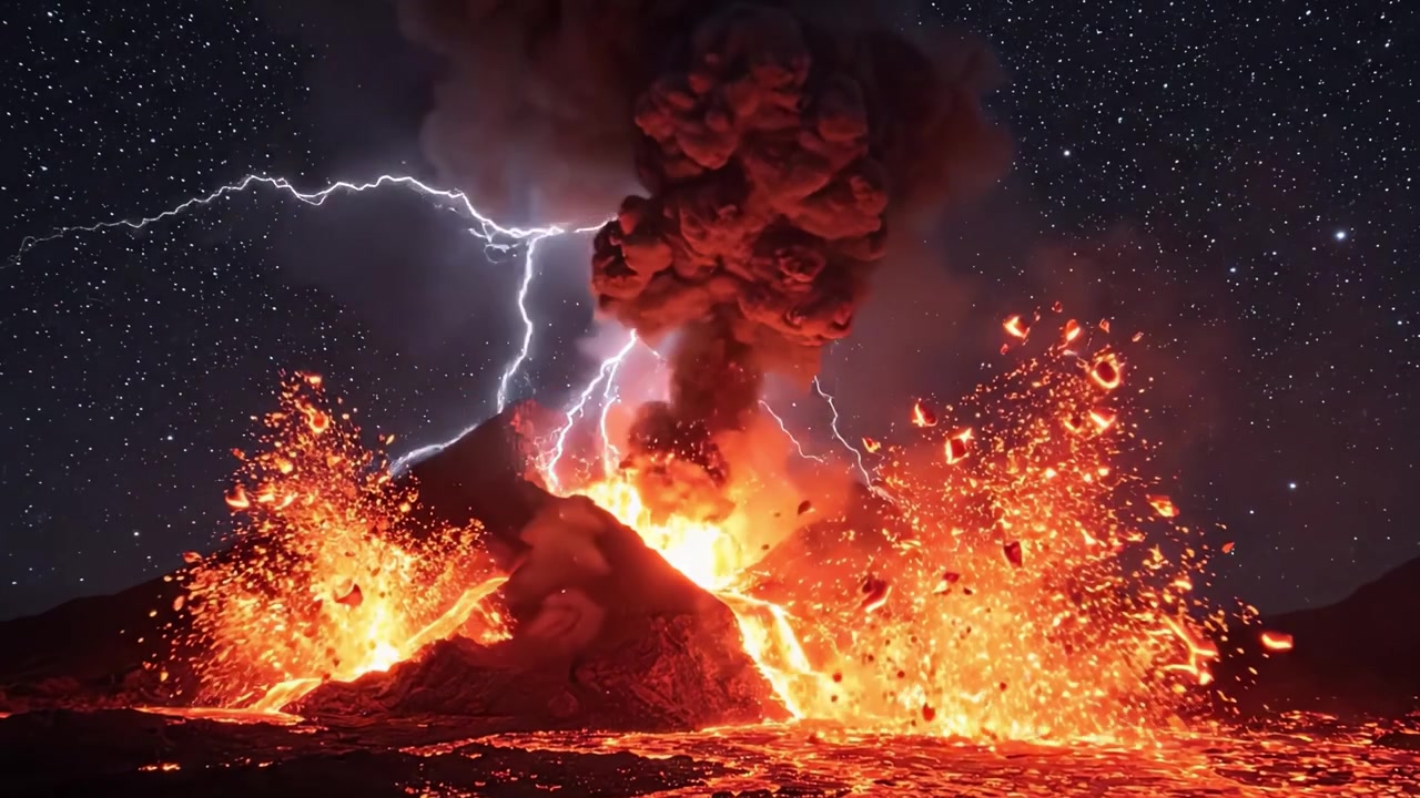 Zachwycająca erupcja wulkanu pod rozgwieżdżonym niebem, ukazująca przepływ lawy, chmury popiołu i ogniste eksplozje, podkreślająca surową moc i piękno natury.