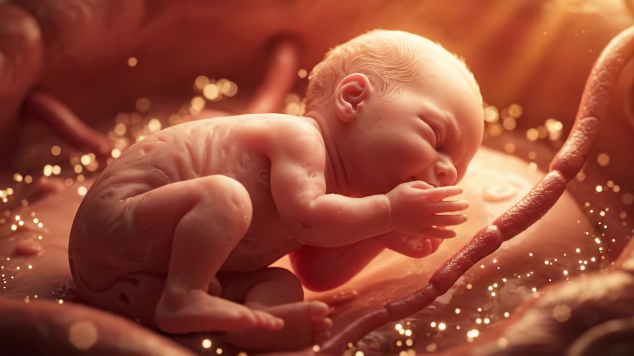 A Beautifully Rendered Imagery of a Sleeping Newborn in the Womb Surrounded by an Ethereal Glow and Delicate Details, Portraying the Journey of Life Before Birth