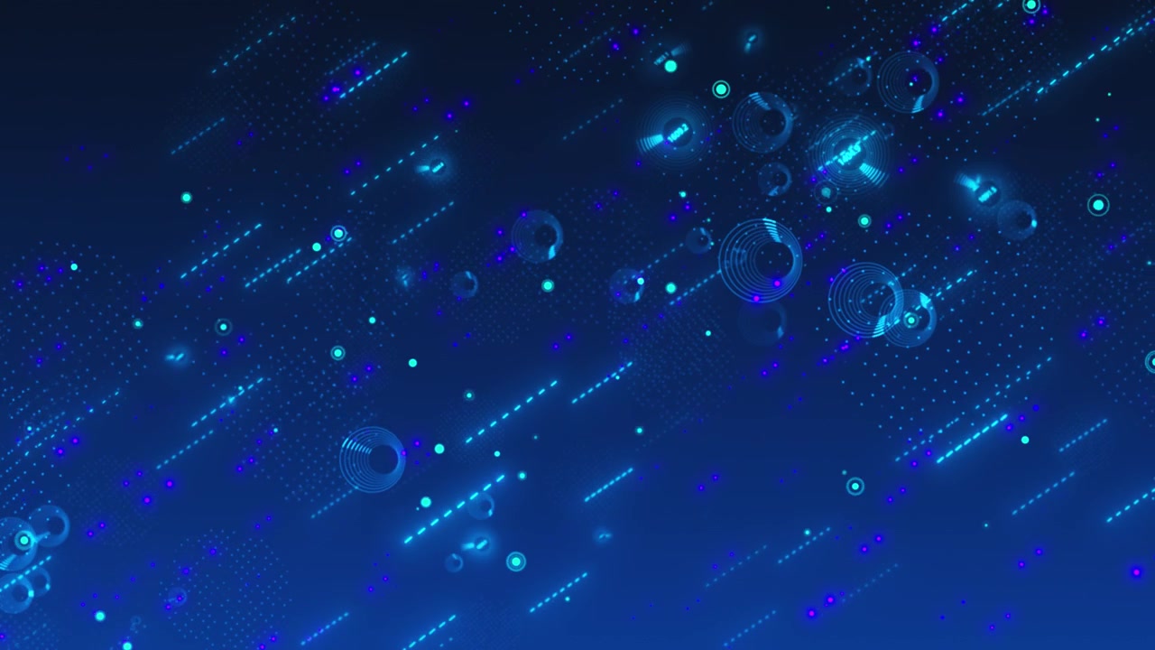 Blue purple futuristic motion visual with glowing diagonal streaks dotted clusters and circular tech