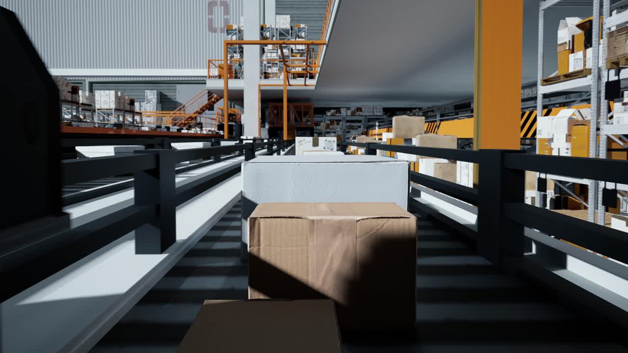 Primo piano di una scatola di imballaggio sul nastro trasportatore, rendering 3D. Trasmissione in loop di scatole di cartone in un grande magazzino di distribuzione intelligente, linea di produzione.