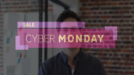animation of cyber monday sale text over biracial businessman smiling