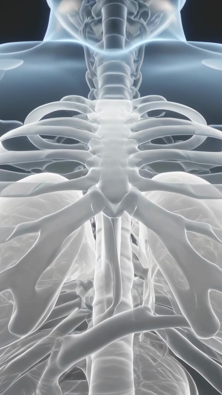 Video verticale: Telecamera che si allontana rivelando il busto, esponendo trachea, polmoni e costole in CGI per studio.