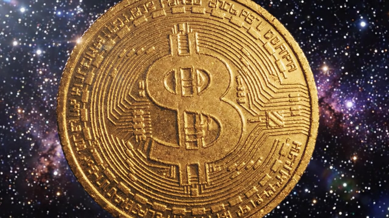 Una straordinaria rappresentazione digitale di una moneta di criptovaluta dorata, ambientata su uno sfondo cosmico, che cattura l'essenza dell'innovazione e della finanza del futuro.