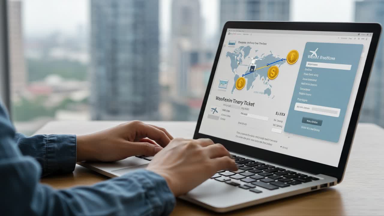 Engaged in Online Travel Planning: A Close-Up of a Laptop Displaying Flight Booking Information Amidst a Cityscape Background