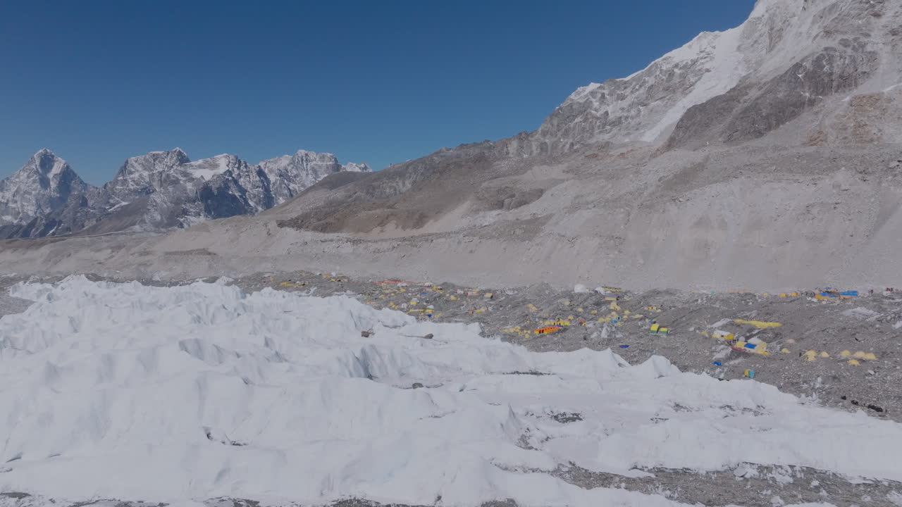 Landscape of Everest Base Camp and Khumbu Glacier in Nepal, Drone showing melting snow, sandy dry land, base camp tents, and Sagarmatha’s majestic peaks under a clear blue sky tourism experience