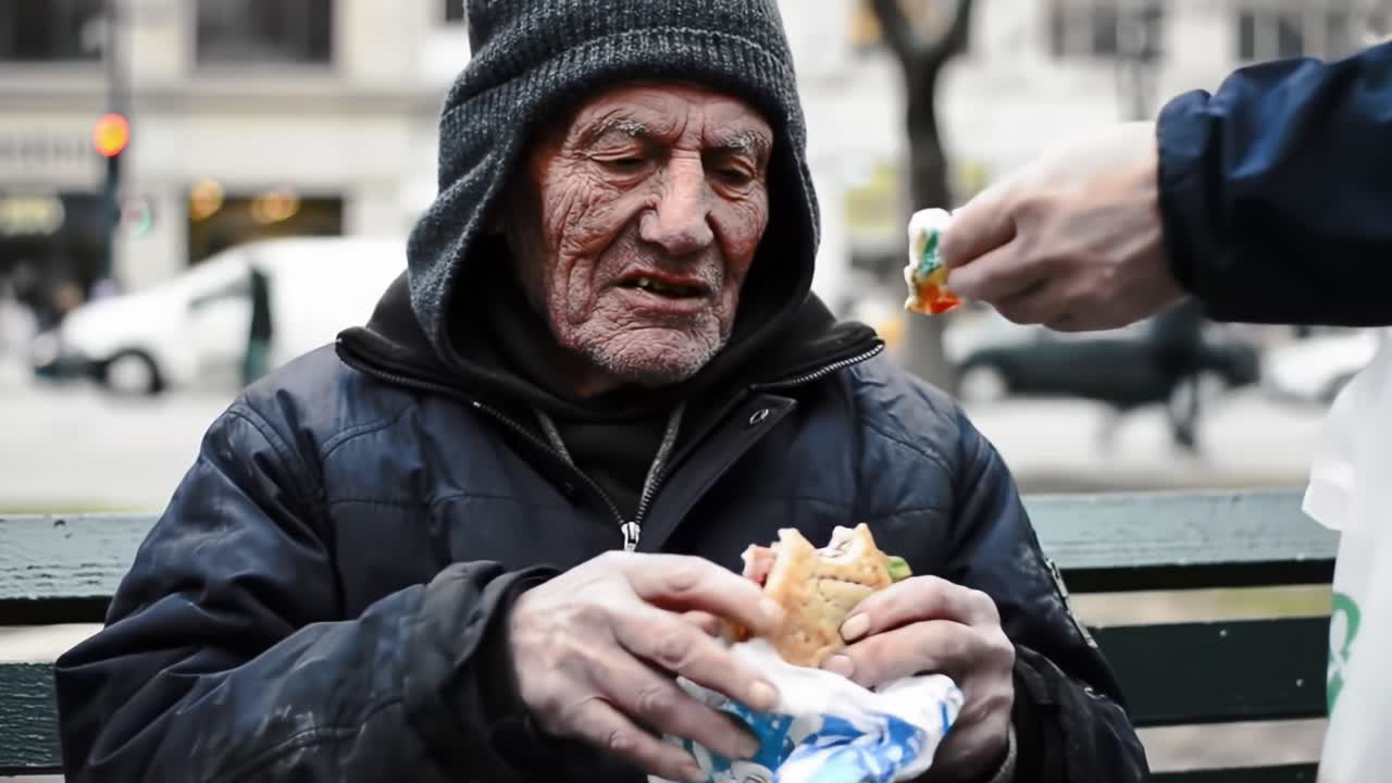An elderly man sits on a park bench in a busy city, visibly appreciative as he holds a sandwich. A kind individual approaches with more food, showcasing community support in action.