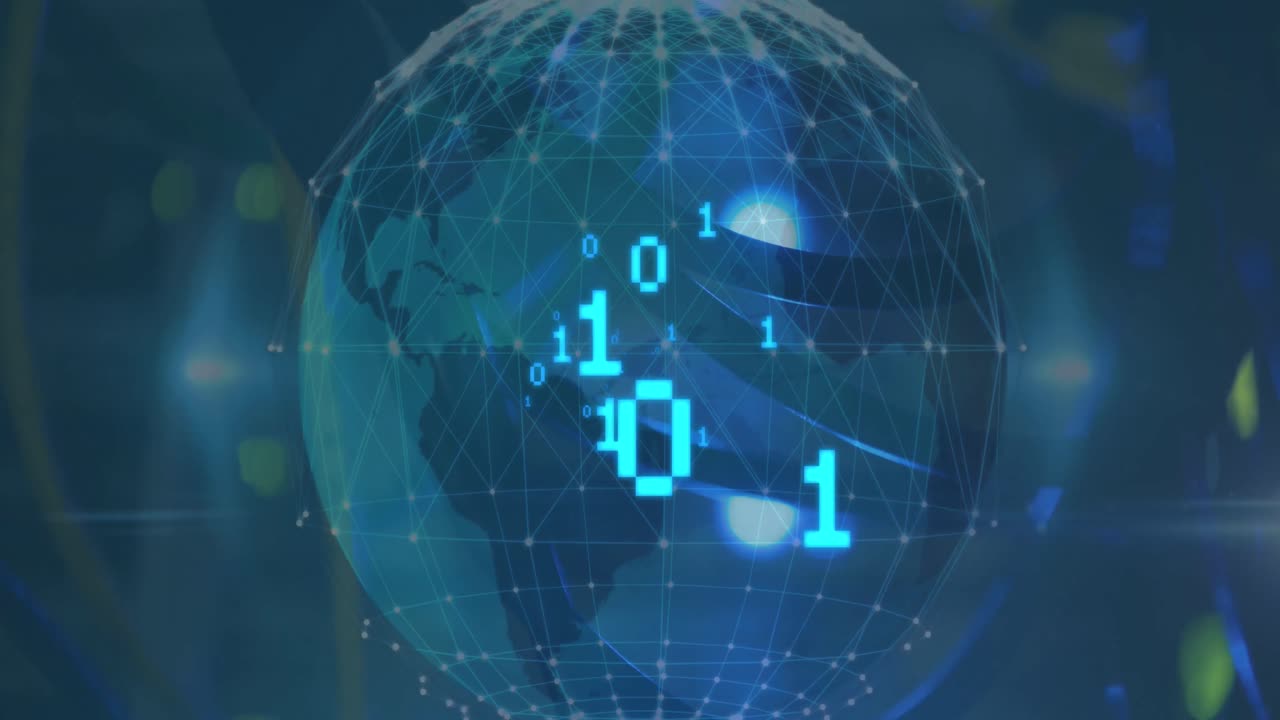 Animation of grid patterned globe with binary codes against abstract background