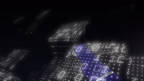 Animation of binary coding over african american male soccer player bicycle kicking ball