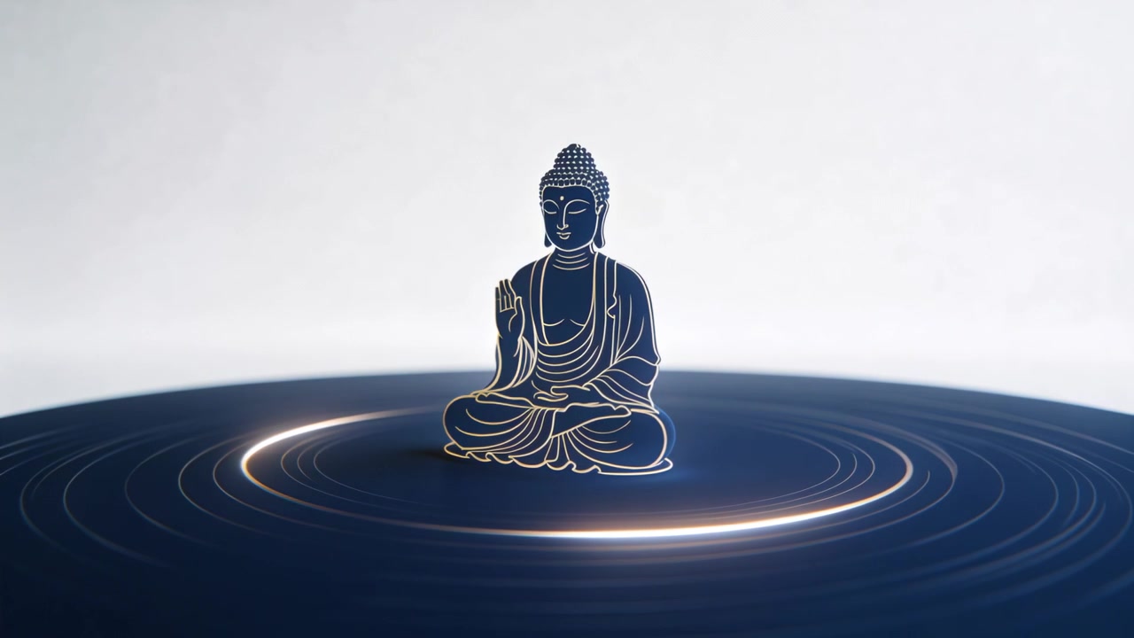 Anelli luminosi ruotano, stimolati da un bagliore, circondando un Buddha su una piscina blu, con increspature che pulsano verso l'esterno.