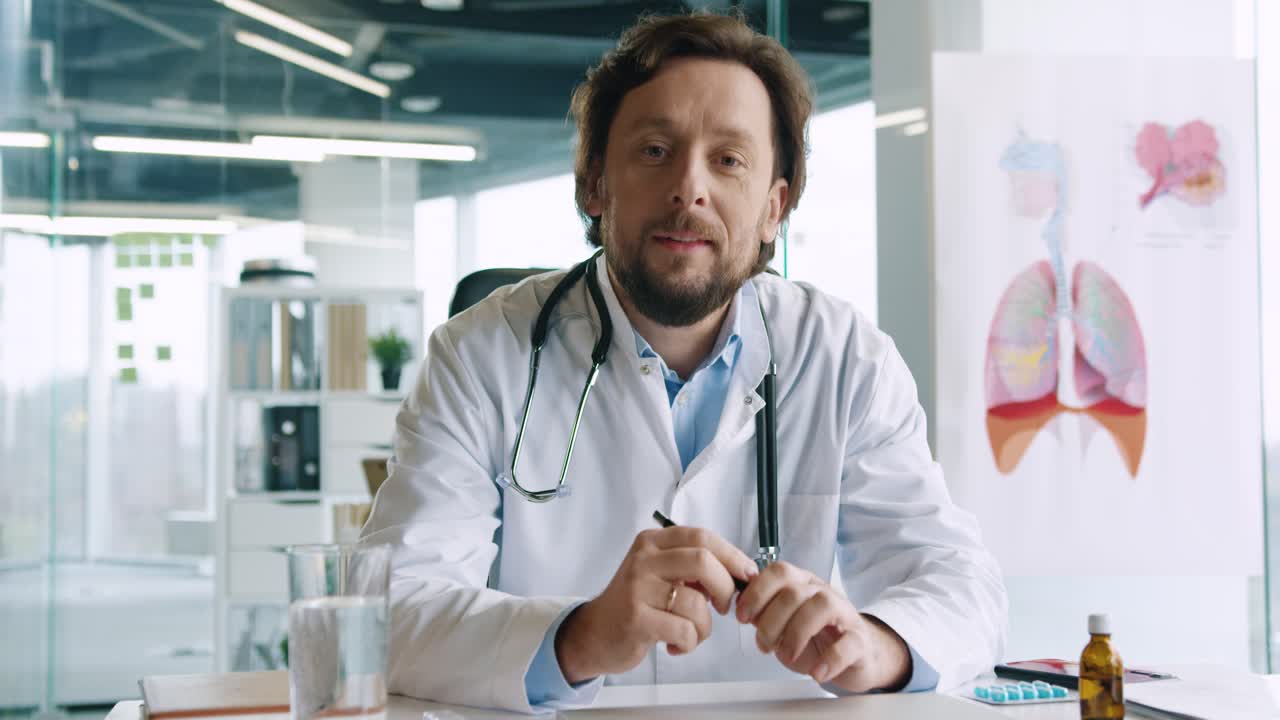 Close-up view of senior male doctor with stethoscope sitting at desk speaking at camera and giving medical advice about coronavirus in hospital office