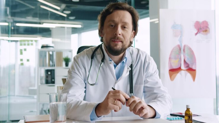 Close-up view of senior male doctor with stethoscope sitting at desk speaking at camera and giving medical advice about coronavirus in hospital office