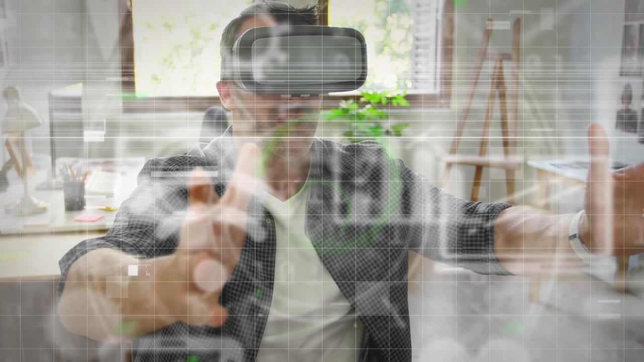 Animation af ikoner for sociale medier og databehandling over kaukasisk mand iført VR-headset