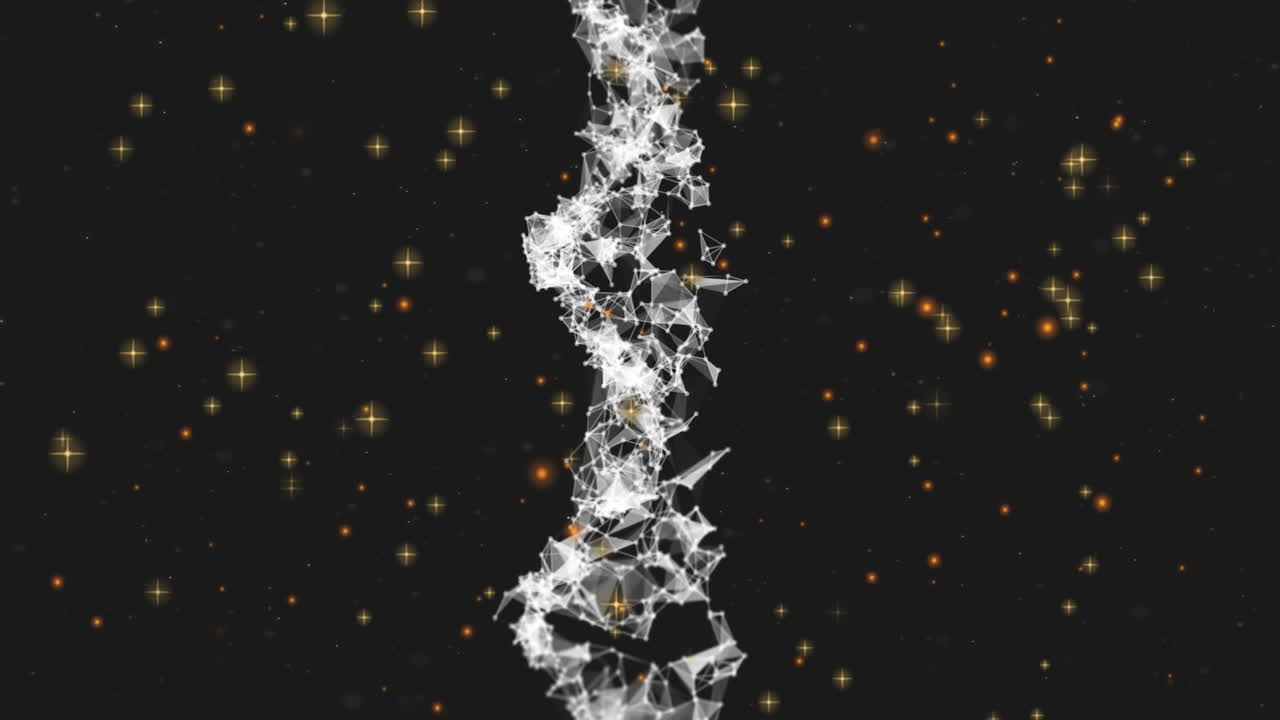 흑색 배경 위에 빛의 반점이 빛나고 회전하는 dna 줄무의 애니메이션