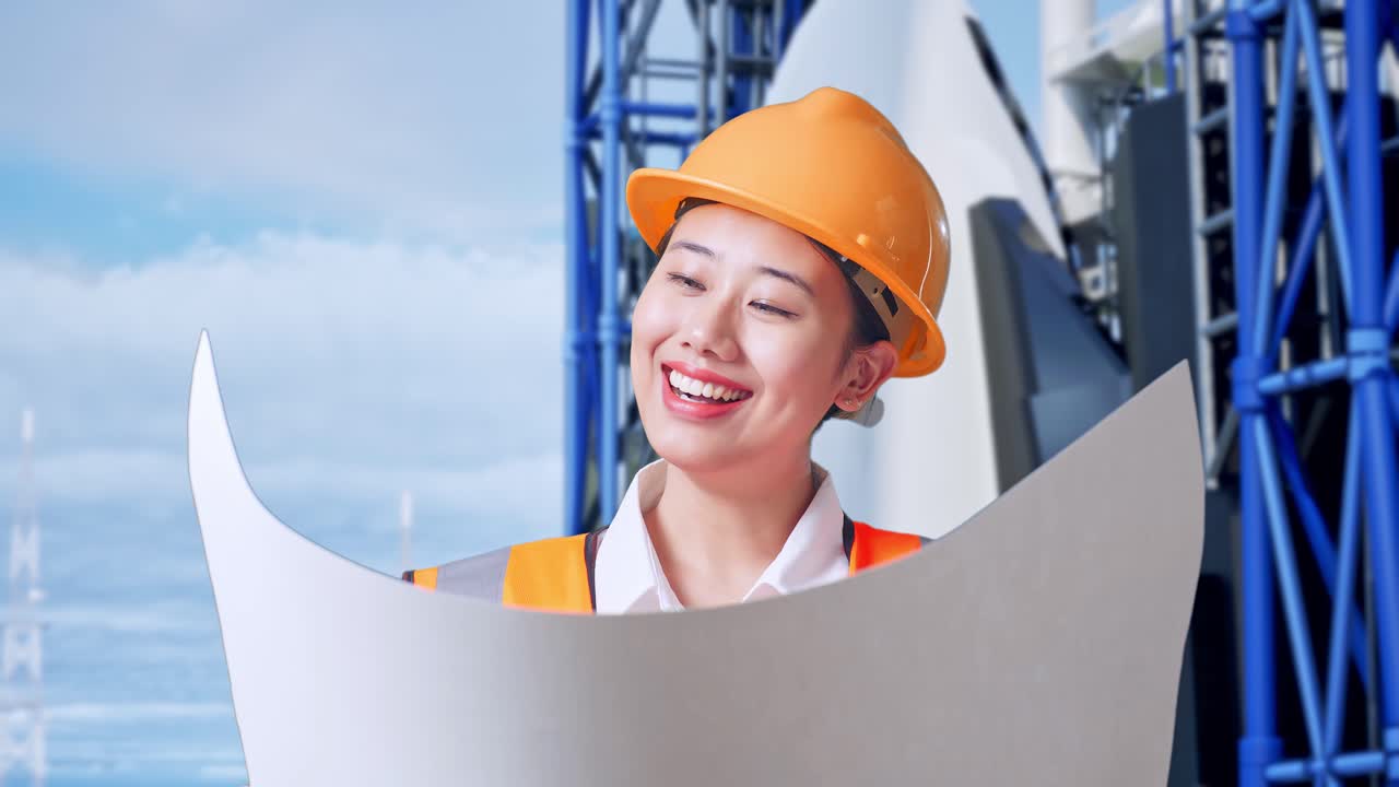 안전 헬을 입은 아시아 여성 엔지니어가 우주왕복선과 함께 서 있는 동안 손에 블루프린트를 보고 있습니다.