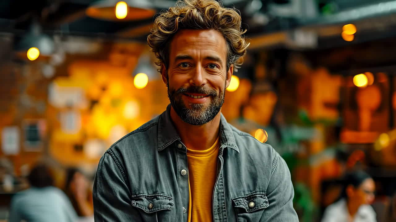 Uomo sorridente in un caffè accogliente. Un uomo allegro con capelli ricci e barba sorride calorosamente in un caffè accogliente, illuminato da luci calde e con un arredamento vivace