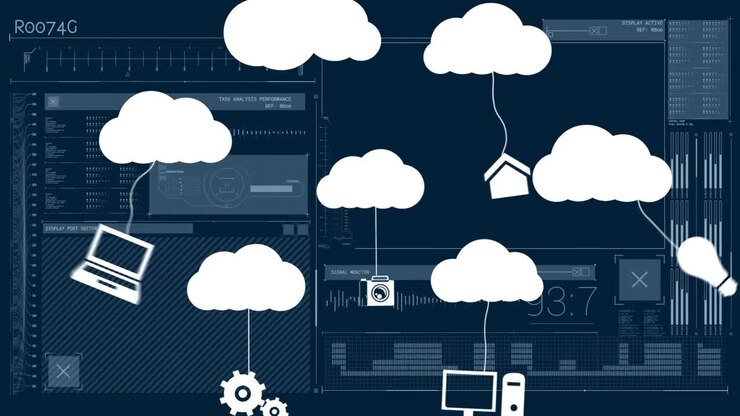 Animation of cloud icons and data processing over dark background