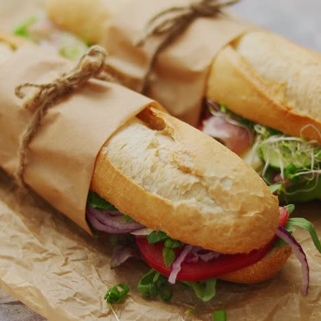 Tasty-homemade-sandwiches-Baguettes-with-various-healthy-ingredients--Breakfast-take-away-concept