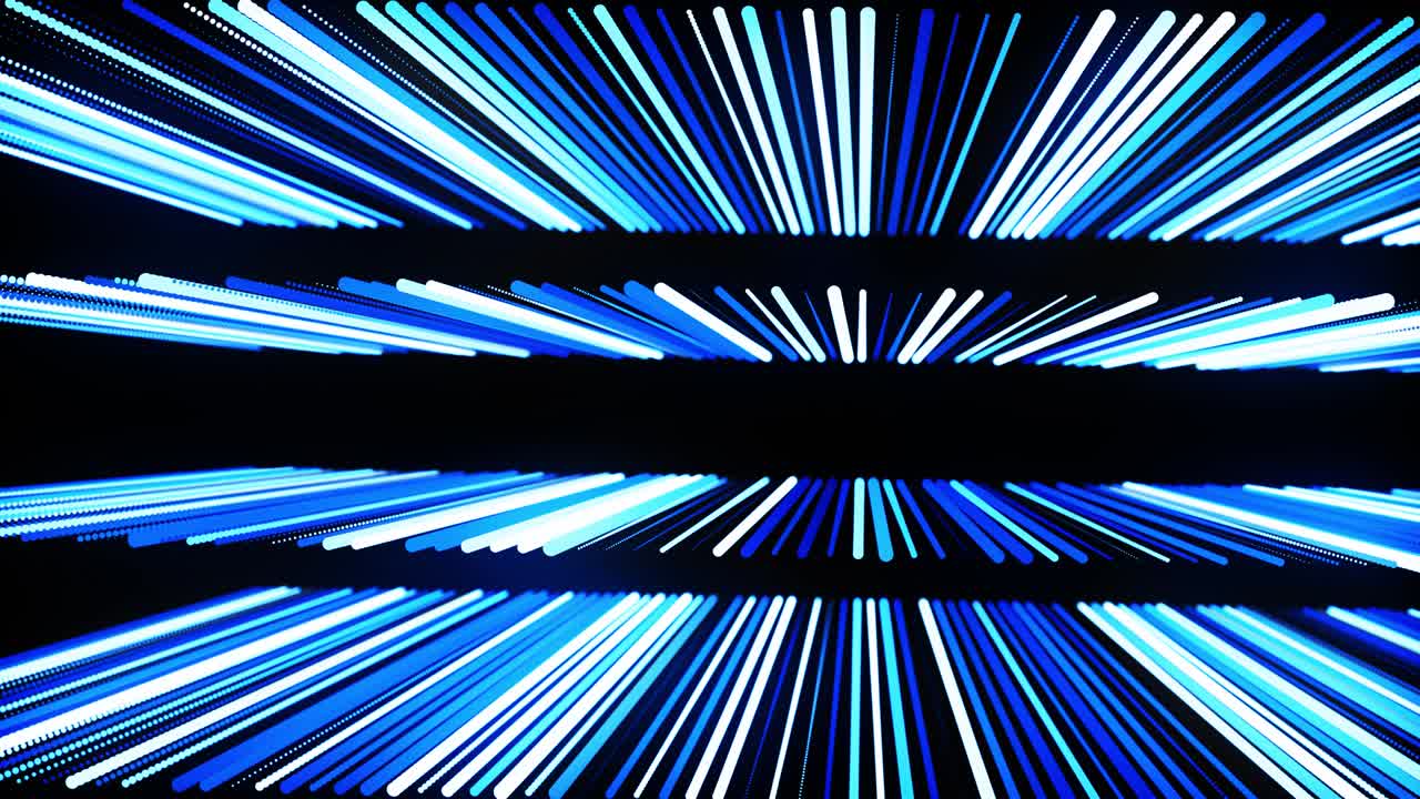 3d 공간에서 선을 따라 줄로 줄지어있는 파란 빛의 입자를 가진 추상적인 3d 루프 배경, 다채로운 입자와 부드러운 애니메이션 카메라를 가진 축제 vj 루프, 모션 디자인 배경.