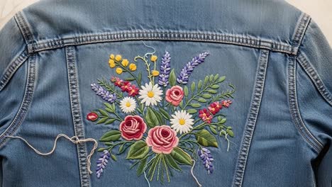 Beautiful Floral Embroidery on Denim Jacket Showcasing Vibrant Roses, Daisies, and Lavender in an Exquisite Design for Fashion Enthusiasts