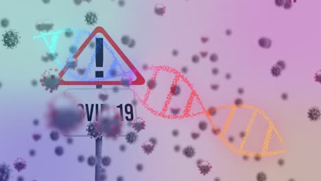 animation of warning road sign and covid 19 text over covid 19 cells and dna strand spinning